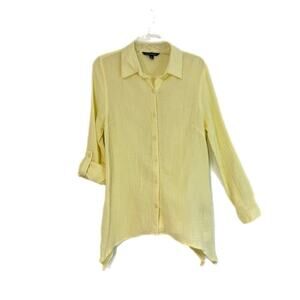 Zac & Rachel Womens Blouse Medium Gauze Butter Yellow Crinkle Roll Tab V-Neck